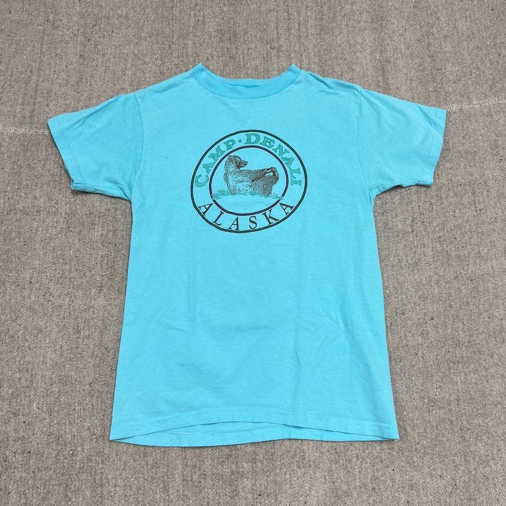Vintage Camp Denali Shirt Mens Medium Blue 1980s Alaska Bear Nature Outdoors USA